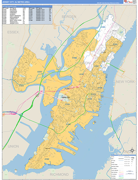 Jersey City Metro Area Wall Map